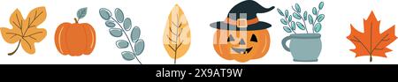 Setzen Sie Hello Herbstvektor mit Blättern und Kürbis Stock Vektor