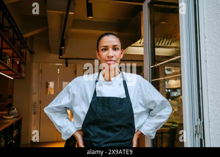 Porträt einer Küchenchefin, die an der Tür steht, mit Hand auf Hüfte in der kommerziellen Küche Stockfoto