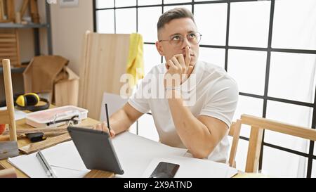 Ein nachdenklicher junger Mann skizziert in seiner Tischlerei, umgeben von Werkzeugen und Holz. Stockfoto