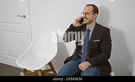 Ein kahler, bärtiger Mann im Anzug lächelt, während er drinnen am Telefon spricht. Stockfoto