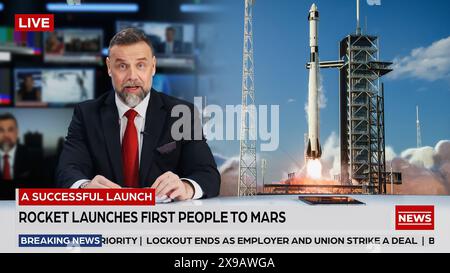 Split Screen TV News Live Report: Anchor Talks. Reportage Edit: Space Travel, erfolgreicher Raketenstart mit Astronaut, Control Room wird gefeiert. TV-Programm auf Kabelkanal Konzept. Stockfoto