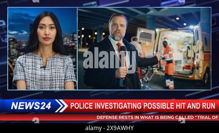 Split Screen Edit of Breaking TV News Live Report: Studio-Anchorwoman spricht mit Segment Reportret. Ambulanz-Notdienst rettet das Opfer eines Autounfalls. Tv-Programm Kabelkanal Konzept. Stockfoto