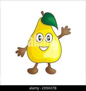 Niedliche, lächelnde Birne in Zeichentrickfilm. Obst auf weißem Hintergrund. Vektor-Kinderillustration. Stock Vektor