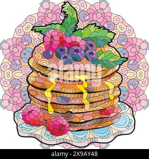 Vector Pfannkuchen mit Himbeeren, Heidelbeeren und Minzblättern auf Mandala. Handgezeichnete Illustration für T-Shirt in zentangle, Doodle Stil. Stock Vektor