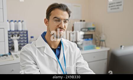 Hübscher junger hispanischer Mann mit Bart, Brille und Labormantel in einem wissenschaftlichen Labor Stockfoto