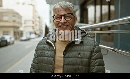 Ein lächelnder Mann mittleren Alters mit grauen Haaren posiert lässig draußen auf einer Stadtstraße und strahlt Selbstvertrauen und Zugänglichkeit aus. Stockfoto