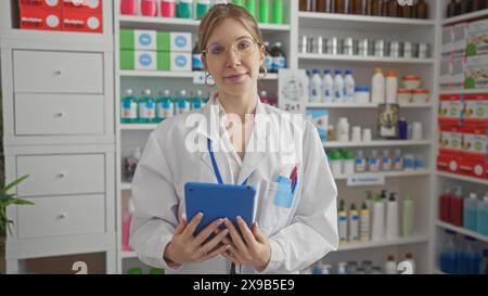 Eine Apothekerin in einem weißen Labormantel hält eine Tablette in einer modernen Apotheke, umgeben von Regalen mit Gesundheitsprodukten. Stockfoto