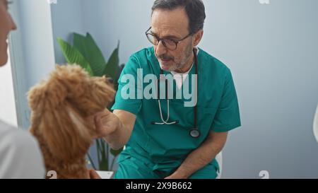 Ein hispanischer Tierarzt mittleren Alters untersucht einen Pudelhund drinnen in einer Tierarztklinik. Stockfoto