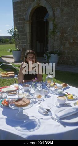 Eine junge hispanische Frau genießt einen eleganten Brunch im Freien in einer Villa in apulien, italien, mit einem wunderschön gedeckten Tisch und einer malerischen Aussicht im Hintergrund. Stockfoto