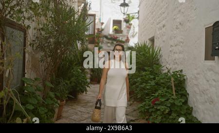 Eine junge hispanische Frau spaziert durch die bezaubernden weißen Straßen von locorotondo, apulien, italien, umgeben von üppigem Grün und historischer Architektur Stockfoto