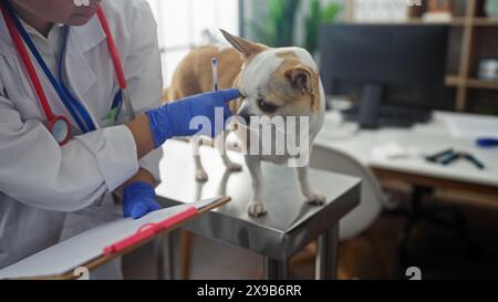 Eine junge Tierärztin in einer Klinik untersucht einen chihuahua-Hund auf einem Untersuchungstisch mit Stethoskop und Klemmbrett. Stockfoto