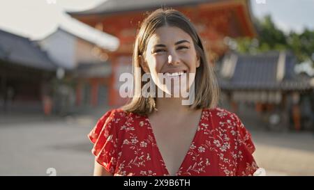 Die wunderschöne hispanische Frau posiert strahlend, lacht und lächelt und strahlt Selbstvertrauen aus im yasaka-Tempel in kyoto, japan. Stockfoto