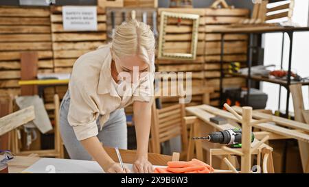 Die attraktive junge blonde Tischlerin macht fleißige Notizen auf die Zwischenablage während der Holzarbeiten in der geschäftigen Tischlerei Stockfoto