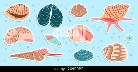 Niedliches Muschelaufkleber-Set. Trendige Muschelkollektion im flachen Stil. Meer Unterwasserbecken Muschelmuscheln Muscheln Wassermollusk. Handgezeichnete Zeichentrickfilme Spiralschnecke, Meerestiere. Vektorabbildung Stock Vektor