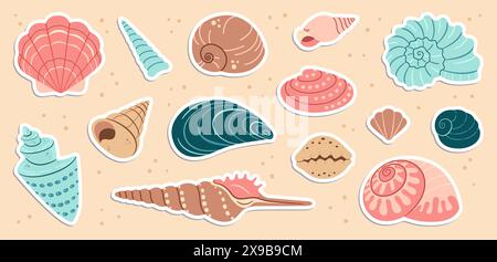 Niedliches Muschelaufkleber-Set. Trendige Muschelkollektion im flachen Stil. Meer Unterwasserbecken Muschelmuscheln Muscheln Wassermollusk. Handgezeichnete Zeichentrickfilme Spiralschnecke, Meerestiere. Vektorabbildung Stock Vektor