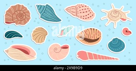 Niedliches Muschelaufkleber-Set. Trendige Muschelkollektion im flachen Stil. Meer Unterwasserbecken Muschelmuscheln Muscheln Wassermollusk. Handgezeichnete Zeichentrickfilme Spiralschnecke, Meerestiere. Vektorabbildung Stock Vektor