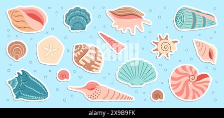 Niedliches Muschelaufkleber-Set. Trendige Muschelkollektion im flachen Stil. Meer Unterwasserbecken Muschelmuscheln Muscheln Wassermollusk. Handgezeichnete Zeichentrickfilme Spiralschnecke, Meerestiere. Vektorabbildung Stock Vektor