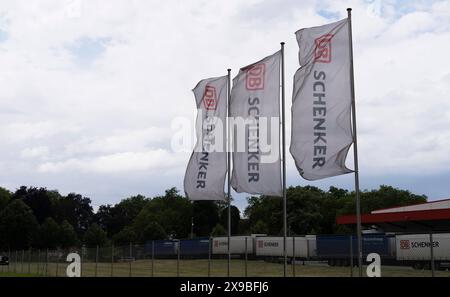 Logistik DB Schenker Logo Niederlassung des Transport- und Logistikunternehmens DB Schenker in Duisburg Rheinhausener Hafen. DB Schenker ist eine Tochtergesellschaft der Deutschen Bahn. Flaggen mit dem Firmenlogo. Duisburg Rheinhausen Deutschland Nordrhein-Westfalen / NRW *** Logistik DB Schenker Logo Niederlassung des Transport- und Logistikunternehmens DB Schenker in Duisburg Rheinhausen Port DB Schenker ist eine Tochtergesellschaft der Deutschen Bahn Flags mit dem Firmenlogo Duisburg Rheinhausen Deutschland Nordrhein-Westfalen NRW Stockfoto