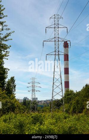 Die Hochspannungsleitung versorgt die Stadt und zerstört die Umwelt aus technologischen Gründen Stockfoto