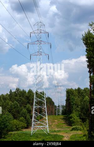 Die Hochspannungsleitung versorgt die Stadt und zerstört die Umwelt aus technologischen Gründen Stockfoto