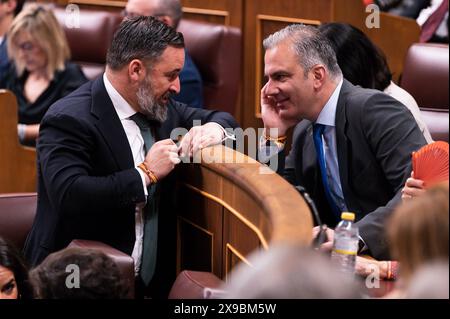 Madrid, Spanien. 30. Mai 2024. Santiago Abascal (L), Vorsitzender der rechtsextremen Partei Vox, spricht mit seinem Kollegen Javier Ortega Smith (R) während der abschließenden Debatte über die Verabschiedung des Amnestiegesetzes für Katalonien auf dem Abgeordnetenkongress in Madrid. Das Organgesetz der Amnestie für die Normalisierung in Katalonien resultierte aus den Vereinbarungen der spanischen Sozialistischen Arbeiterpartei (PSOE) mit dem ERC und Junts im Austausch für die Unterstützung der Unabhängigkeitsparteien für die Gründung von Premierminister Pedro Sanchez. (Foto: Alberto Gardin/SOPA Images/SIPA USA) Credit: SIPA USA/Alamy Live News Stockfoto