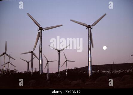 San Gorgonio Pass, CA. USA. 1983. In der Nähe von Palm Springs profitieren rund 1.220 Turbinen von „Winden“, die durch den Pass strömen. "Grüne Energie" in ihrer besten Form. Die Entwicklung des Windparks begann in den 1980er Jahren Es ist einer von drei großen Windparks in Kalifornien, zusammen mit denen am Altamont und am Tehachapi Pass. Stockfoto