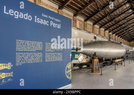 Marinemuseum von Cartagena - Raum des Vermächtnisses von Isaac Peral - das erste U-Boot der Welt. Region Murcia, Spanien, Europa Stockfoto