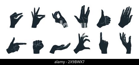 Handgesten-Silhouetten Set 2. Set mit verschiedenen Handgesten. Daumen hoch, Zeigefinger, Faust, Herz, umschlossene Hand. Vektorabbildung Stock Vektor