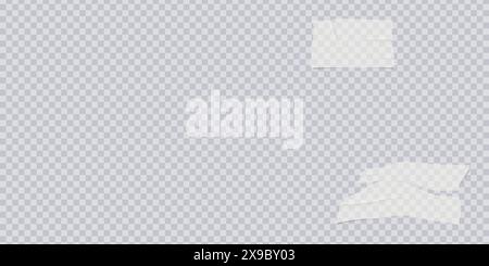 Transparentes Klebeband und selbstklebendes Klebeband. Klebrige Bänder mit gerissenen Kanten, klebt ein Stück weißes Klebeband. Klebriger Scotch, Pappstreifen auf Kanister Stock Vektor