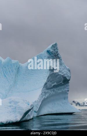 Eine antarktische Landschaft in der Nähe von Cuverville Island, die Berge und Eisberge hervorhebt. Stockfoto