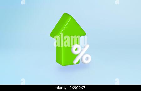 Grüner 3D-Pfeil nach oben mit einem weißen Prozentzeichen auf hellblauem Hintergrund. Steht für Wachstum und Geschäftserfolg. Stockfoto