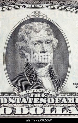 Porträt von Thomas Jefferson auf dem US-2-Dollar-Schein. Stockfoto