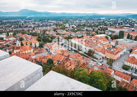 Rot gekachelte Dächer von Ljubljana, der Hauptstadt Sloweniens, Europa, aus Sicht der Stadtburg an einem bewölkten Herbsttag Stockfoto