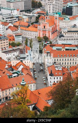 Rot gekachelte Dächer von Ljubljana, der Hauptstadt Sloweniens, Europa, aus Sicht der Stadtburg an einem bewölkten Herbsttag Stockfoto