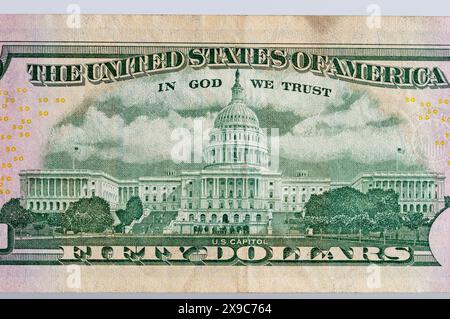 US-Kapitol auf 50 US-Dollar-Schein. Stockfoto