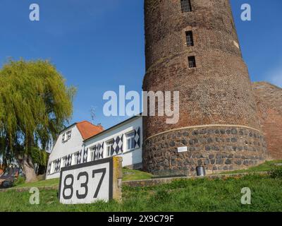 Ein alter Steinturm neben einem Haus mit der Nummer 837 und einer großen, grünen Weide, rheinpromenade von Rees mit historischen Gebäuden grünen Bäumen, rees Stockfoto