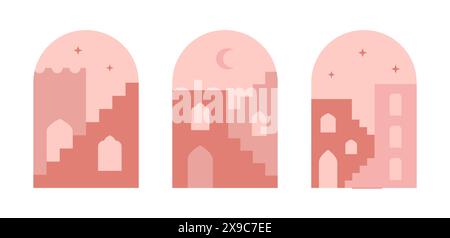 Abstrakte moderne orientalische Stadt, Treppen. Minimalistisch marokkanisch, östliches Fenster, Tür, Zugangsformen für Karte, Poster. Zeitgenössische ästhetische Illustration Stock Vektor