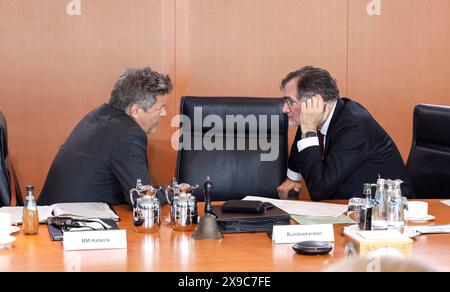 Bundeswirtschaftsminister Robert Habeck, links, spricht zu Beginn der Kabinettssitzung mit dem Chef des Bundeskanzleramtes Wolfgang Schmidt Stockfoto