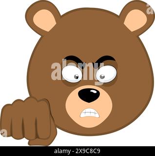 Vektor-Illustration Gesicht brauner Bär Grizzly Cartoon, mit einem wütenden Ausdruck und Faustschlag Stock Vektor