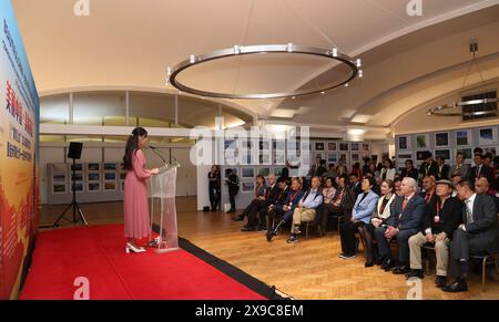 London, Großbritannien. 30. Mai 2024. Menschen nehmen am 30. Mai 2024 an der Eröffnungszeremonie einer britisch-chinesischen Kunstveranstaltung in London Teil. Eine Kunstveranstaltung, bei der die Kulturen entlang des Gelben Flusses und der Themse, zwei bekannte Flüsse in China und Großbritannien (Großbritannien), thematisiert wurden, begann am Freitag im Zentrum von London. Die Veranstaltung, die gemeinsam von der UK-China Photography Association und der UK-China Film Collab organisiert wird, trägt den Titel „Beautiful China, Beautiful Britain: Common People entlang des Gelben Flusses“. Quelle: Han Yan/Xinhua/Alamy Live News Stockfoto