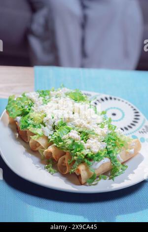 Taquitos Mexicanos, Huhn, Käse und Salat, Teller auf dem Tisch, mexikanisches Essen Stockfoto
