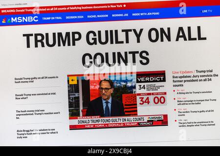 Sofortige Online-Reaktion auf die MSNBC (USA), als der ehemalige Präsident Trump für schuldig befunden und 34 Straftaten verurteilt wird, am 30. Mai 2024. Stockfoto