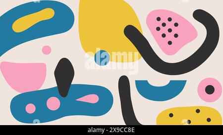 Farbenfroher, künstlerisch naiver Hintergrund. Kreative Collage mit verschiedenen handgezeichneten Formen in Rosa, Blau, Gelb und Schwarz Stock Vektor