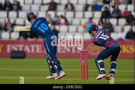 NORTHAMPTON, GROSSBRITANNIEN. 30. Mai 2024. Luis Reece von Derbyshire im Batting-Action mit dem Wicket-Keeper Lewis McManus während des T20 Vitality Blast-Spiels zwischen Northamptonshire Steelbacks und Derbyshire Falcons auf dem County Ground in Northampton, England Credit: PATRICK ANTHONISZ/Alamy Live News Stockfoto