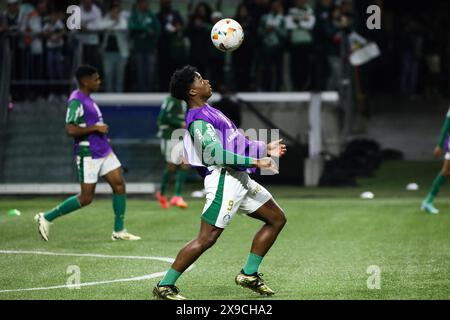 Sao Paulo, Brasilien. 30. Mai 2024. Endrick von Palmeiras während der Aufwärmphase vor dem Spiel gegen San Lorenzo in der 6. Runde der Gruppenphase des CONMEBOL Libertadores Cup im Allianz Parque östlich von São Paulo am Donnerstag, den 30. Mai 2024. Der Athlet verabschiedet sich von Palmeiras, um sich Real Madrid in Spanien anzuschließen. Credit: Brazil Photo Press/Alamy Live News Stockfoto