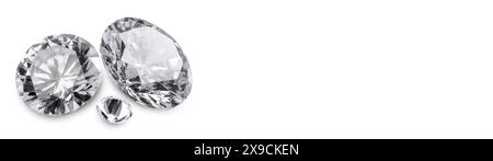 Wunderschöne glitzernde Diamanten auf weißem Hintergrund, Bannerdesign. Leerzeichen für Text Stockfoto