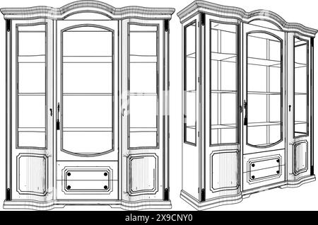 Vintage Showcase Schrank Sideboard Vektor. Eine Vektorillustration eines Glasgehäuses isoliert auf weißem Hintergrund. Stock Vektor