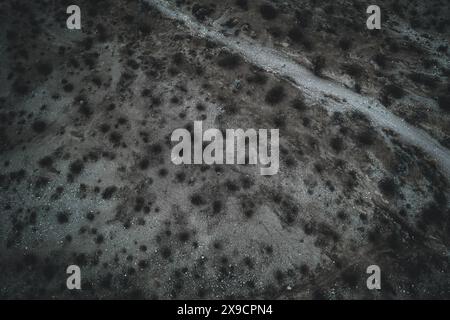 Dieses faszinierende Luftbild fängt die raue und raue Schönheit einer Wüstenlandschaft in Nevada ein. Stockfoto