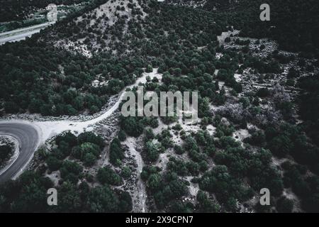 Dieses fesselnde Luftbild zeigt eine gewundene Bergstraße, die durch einen dichten Wald in Utah führt. Stockfoto