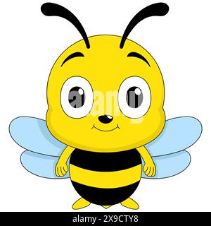 Illustration eines Zeichentricktiers mit Doodle, süße fette Biene mit Miniflügeln mit einem Smiley Gesicht, kreative Zeichnung Stock Vektor